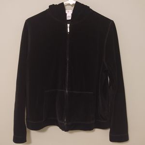 REAL CLOTHES SAKS FIFTH AVE Black Velvet Hooded Zip Up Jacket Size Large Petite